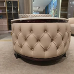Oval White Marble Coffee Table with Cream Tufted Leather Sides and Two Drawers